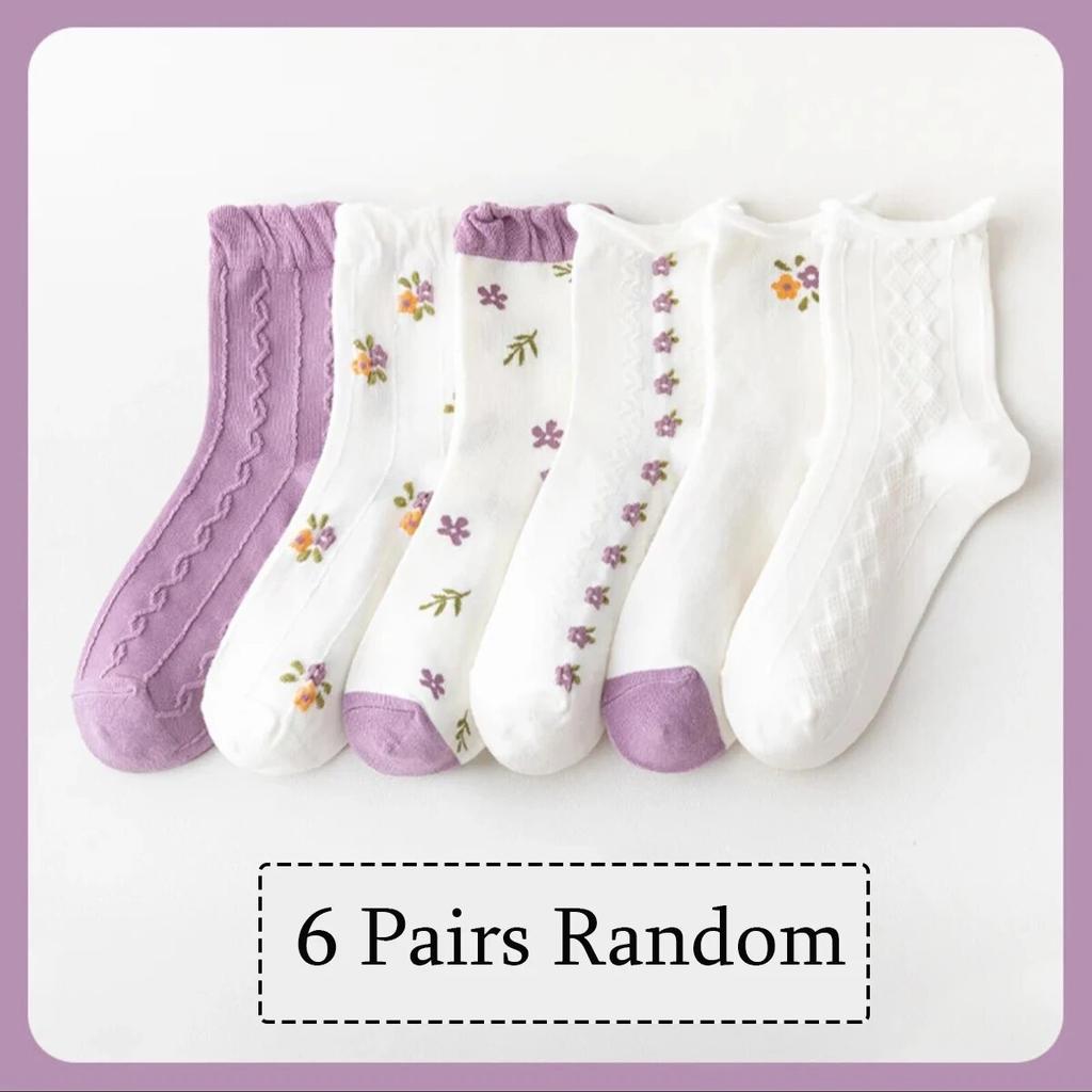6 Pairs of Spring Summer Women Is Medium Socks Hose Khaki Vintage Flower Diamond Plaid Stripe Sweet and Comfortable