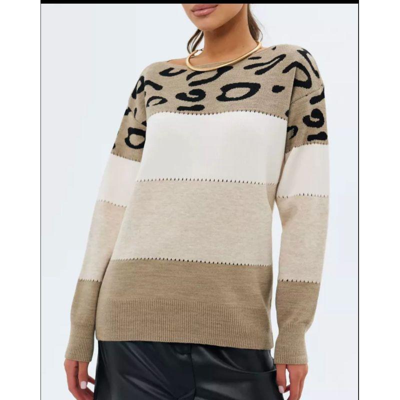 Fashion Wind Fashion Casual Loose Color-Block Crew Neck Knitting Sweater Knitted round Neck Sweater