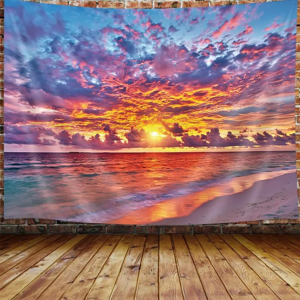Ocean Sunset  Landscape Tapestry Purple Clouds and Gloden Sunshine Tapestry Wall Hanging Decoration for Dorm Living Room Bedroom