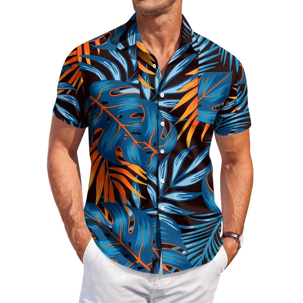 Men's Casual Loose Fit Short Sleeve Shirt Button Down Palm Leaf Print Lightweight Summer Beachwear Shirt