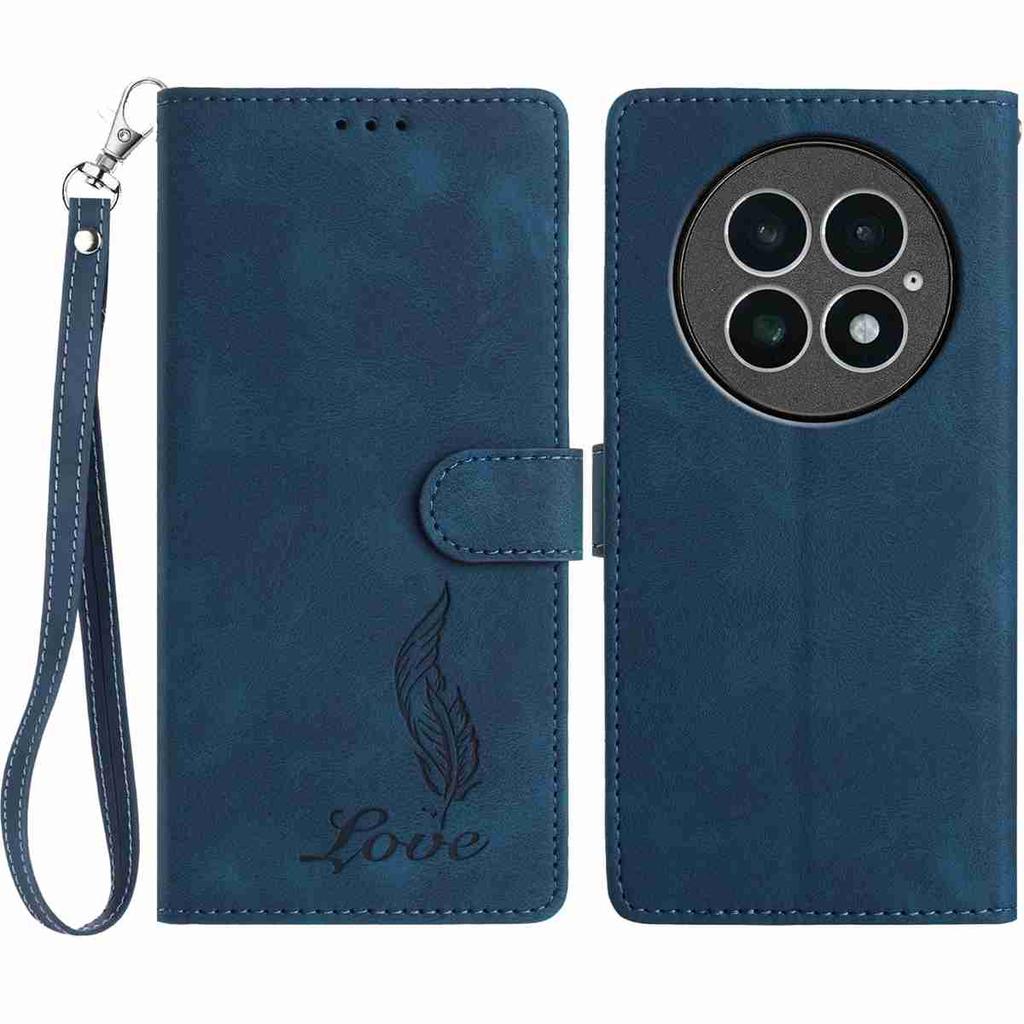 For OnePlus 13 Case Imprinted Feather PU Leather Wallet Phone Cover with Wrist Strap