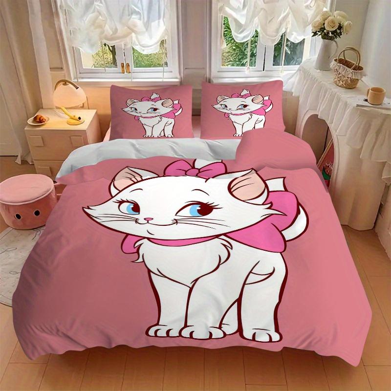 3 stuks Schattig Aristokatten Marie Kat Roze Strik Beddengoed Set, Zachte en Comfortabele Dekbedovertrek voor Slaapkamer, Logeerkamer W001