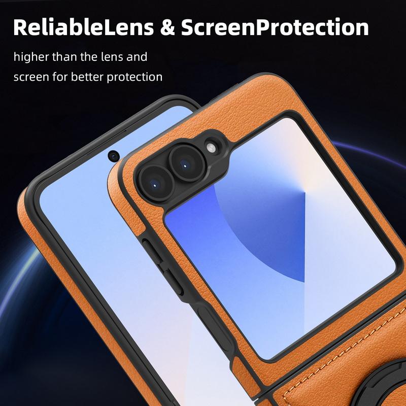 Solid Color Leather Slim 2pcs Folding Phone Case For Samsung Galaxy Z Flip6 Flip5 Flip4 3 Wireless Charge Shockproof Magnetic Metal Stand Back Cover