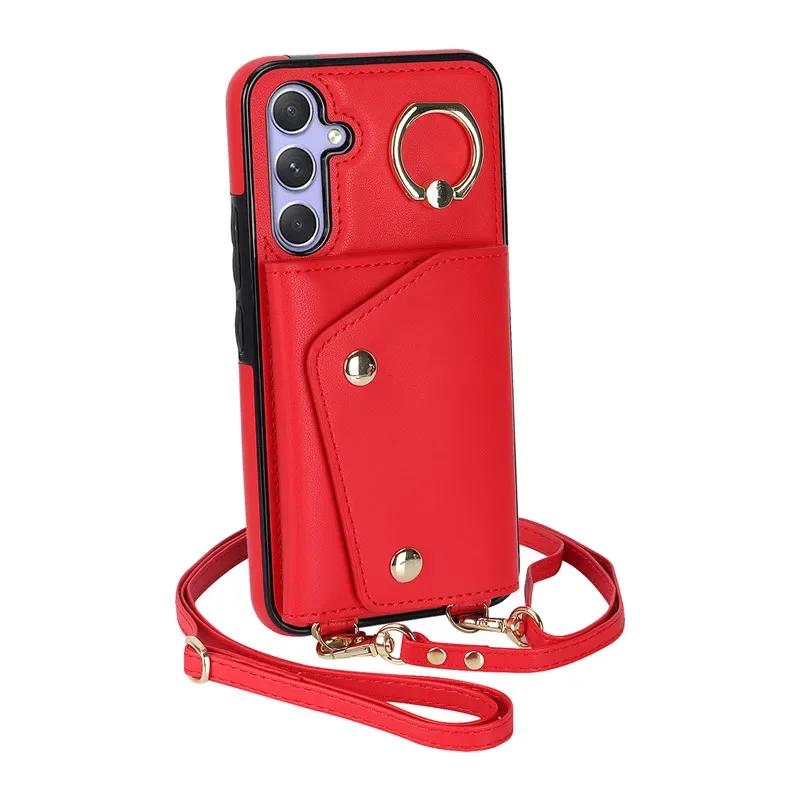 Crossbody Ring Leather Zip Wallet Phone Case for Samsung Galaxy S26 Ultra S25 FE S24 Plus S23 S22 S21 Note 20 Lanyard Cover Bag