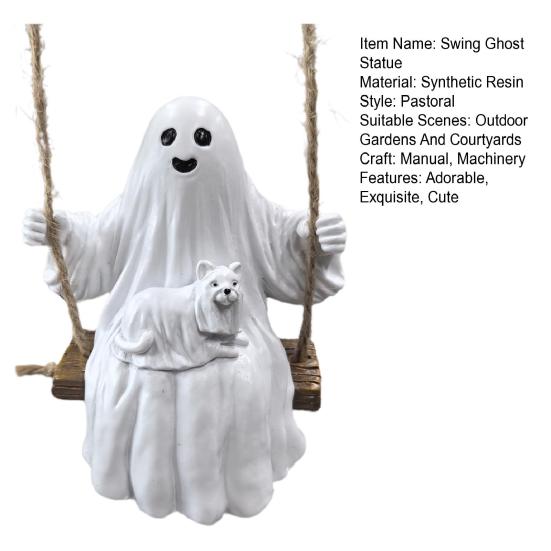 Halloween Swing Ghost Statue Resin Ghost Dog Witch on A Swing Figurine Outdoor Tree Hanging Ornament for Garden Patio Lawn Yard Decor