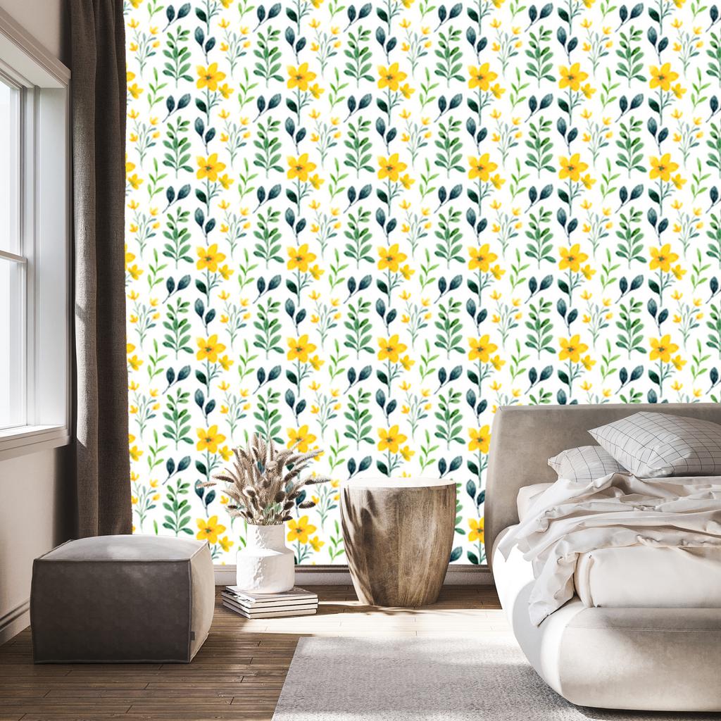 Yellow Flowers Wallpaper White and Light Gray for Living Room and Bedroom 50x1000