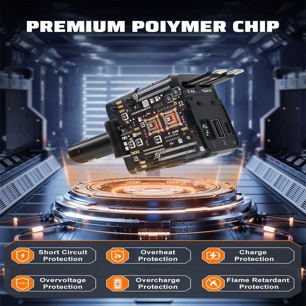 Retractable Car Charger With Retractable Cables, 4 In 1 Super Fast Car Phone Charger, 2 USB Ports Car Charger Adapter