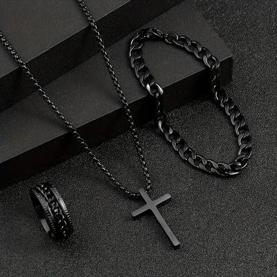 3 PCS  Punk Cross Jewelry Chain Ring Bracelet Necklace