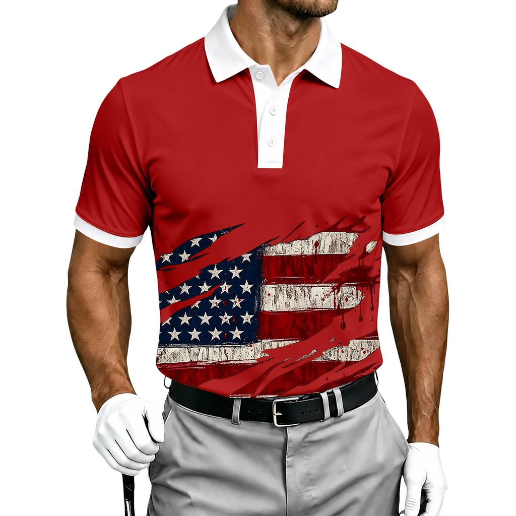 Men's Short Sleeve Polo Shirt Halloween Flag Print Casual Summer Breathable Lightweight Button Collar Top
