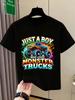 Just A Boy Monster Trucks Printed Children's Fashionable Multifunctional Short Sleeved T-shirt Suitable for Summer Wear