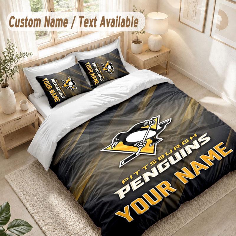 Custom Name Bedding Set 3 PiecesPittsburgh Penguins Print Duvet Cover + 2 Pillowcases Soft Bed Decor