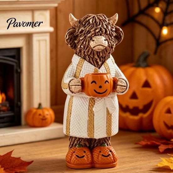 Charming Fall Housewarming Presents Halloween Highland Cow Figurine, Resin Statue with Pumpkin Mug, Spooky Seasonal Tiered Tray Decor Farmhouse