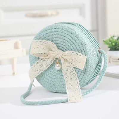 Mini-Spitzen-Schleife Strohtasche Handgewebt Rund Sommer Strandtasche Leicht Reißverschluss Kinder Umhängetasche