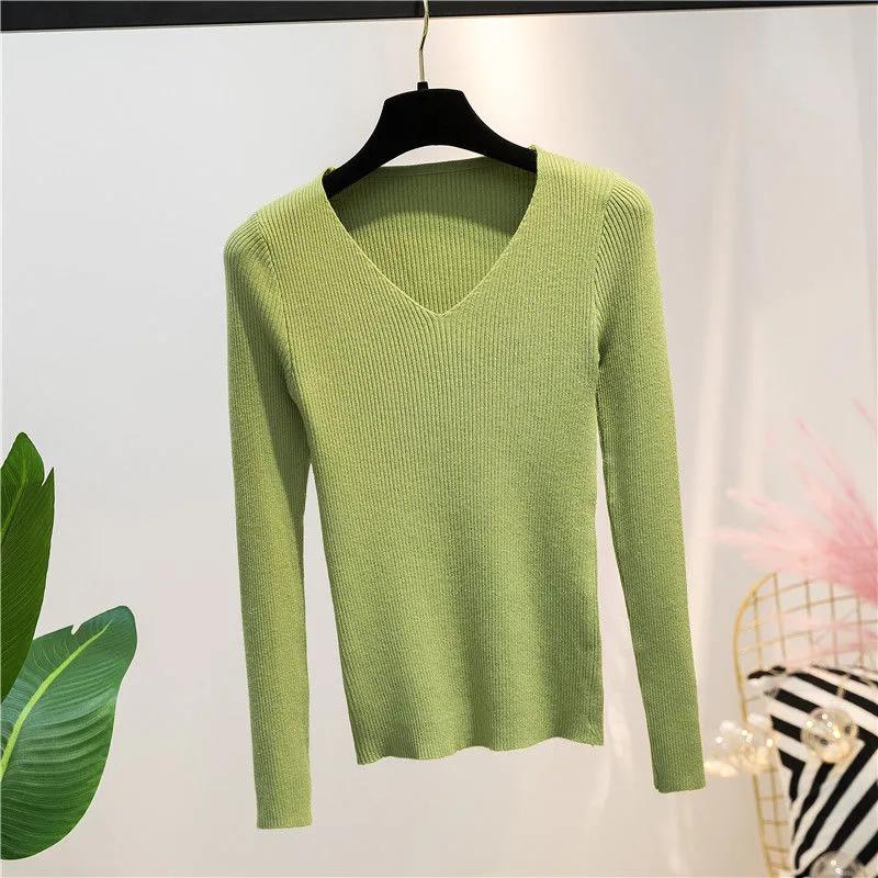 Women Sweater Autumn Long Sleeve Pullover Basic Top Fashion V-neck Elastic Female Winter Solid Knitted Jumper Sweater