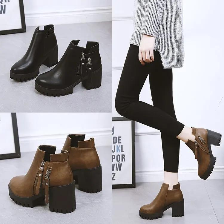 High Heels Ankle Boots for Women Autumn Winter New Thick Heel Pu Leather Platform Short Booties Ladies Side Zipper Boots