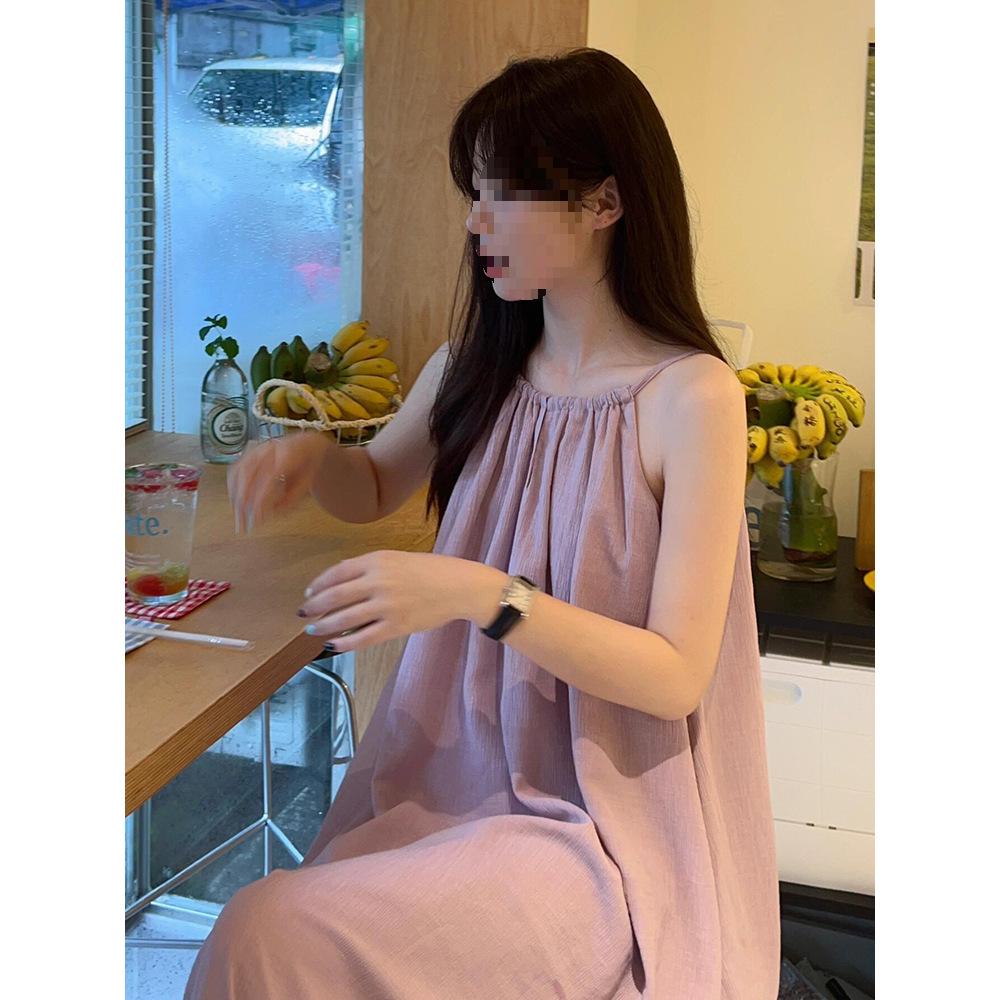 French first love gentle purple neck sling dress summer women's vacation style loose and thin A-shaped long skirt