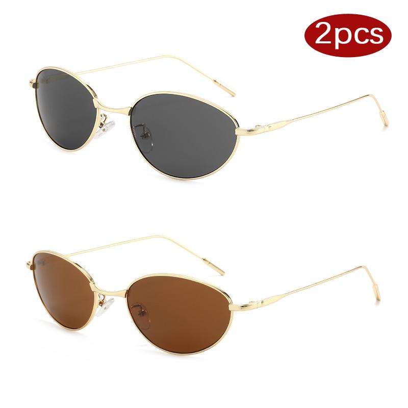 2pcs Luxury Small Cat Eye Metal Sun Glasses Female Man Designer Eye Glasses Outdoor Traveling Simple Style Sunglasses
