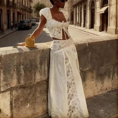 2025 Autumn Lace Patchwork Slim-fit Top & High-waisted Skirt Set