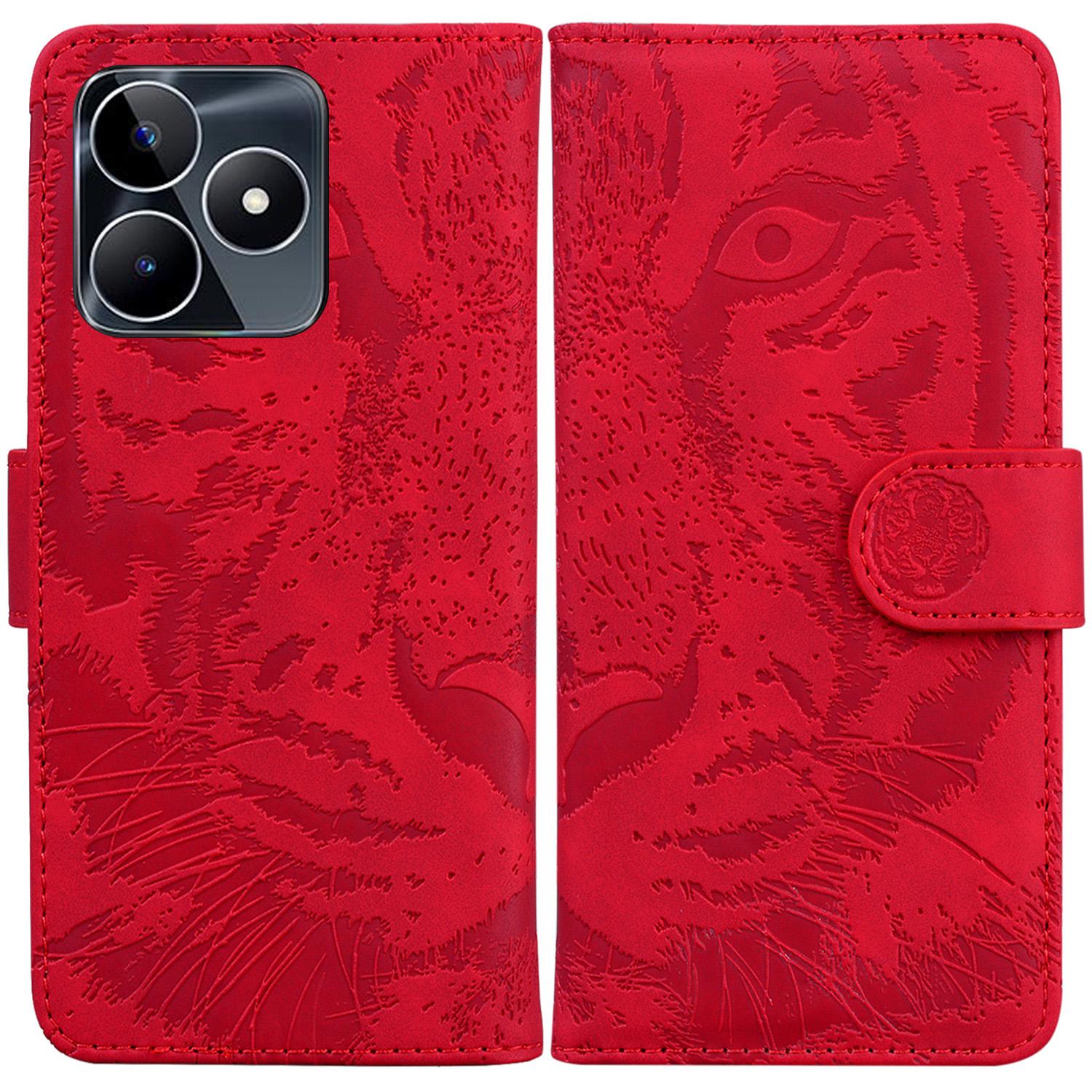 

For Realme C53 (Global)/C53 (India)/C51/Narzo N53 4G Tiger Imprint Wallet Phone Case PU Leather Stand Cover Red