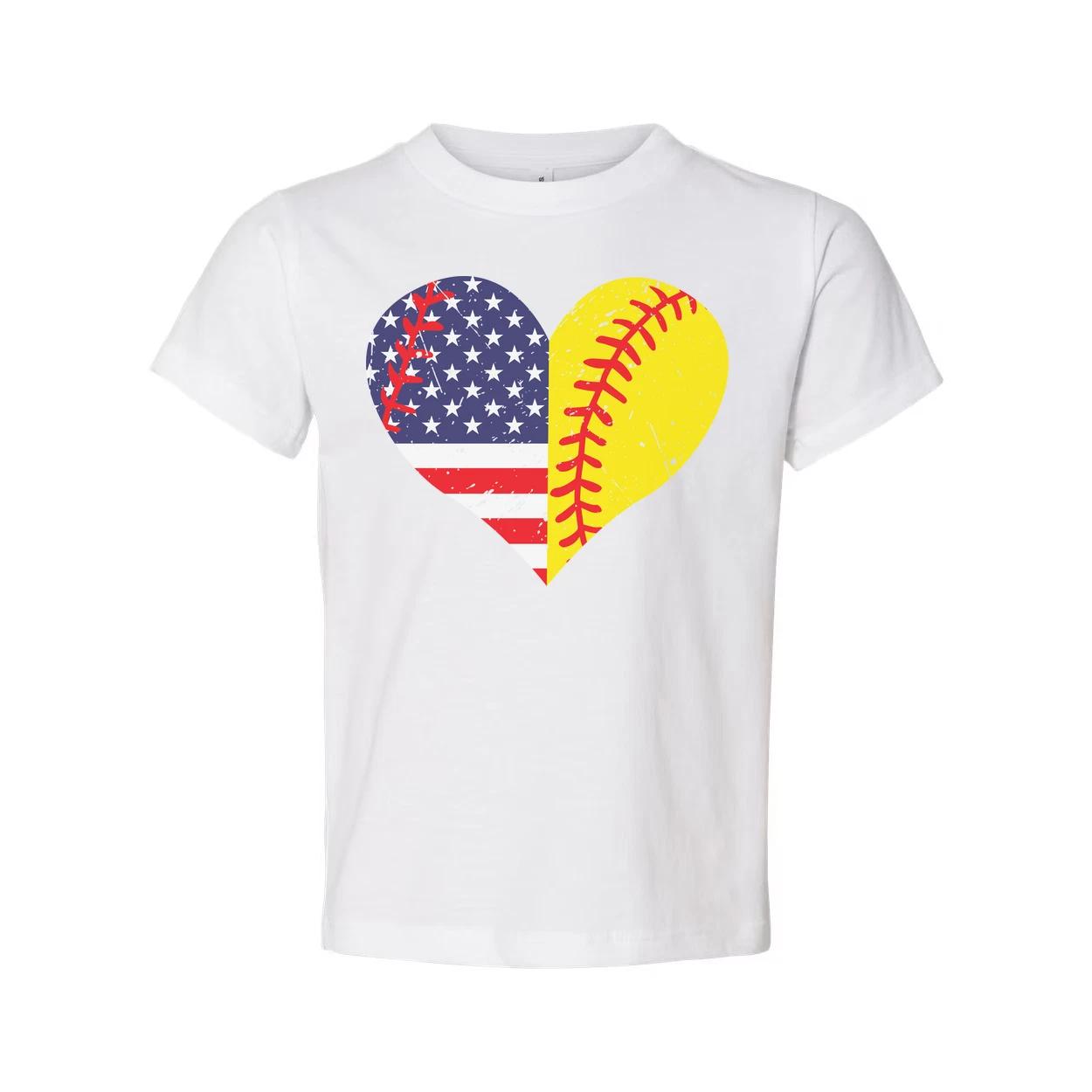 Heart Shape American Flag And Softball Graphic Tee XL