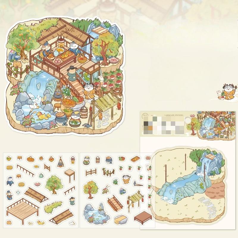 Cartoon Miniature Scene 3D Stickers Retro DIY  PET Landscape Stickers Decompression Korean Stationery Scrapbooking Posters