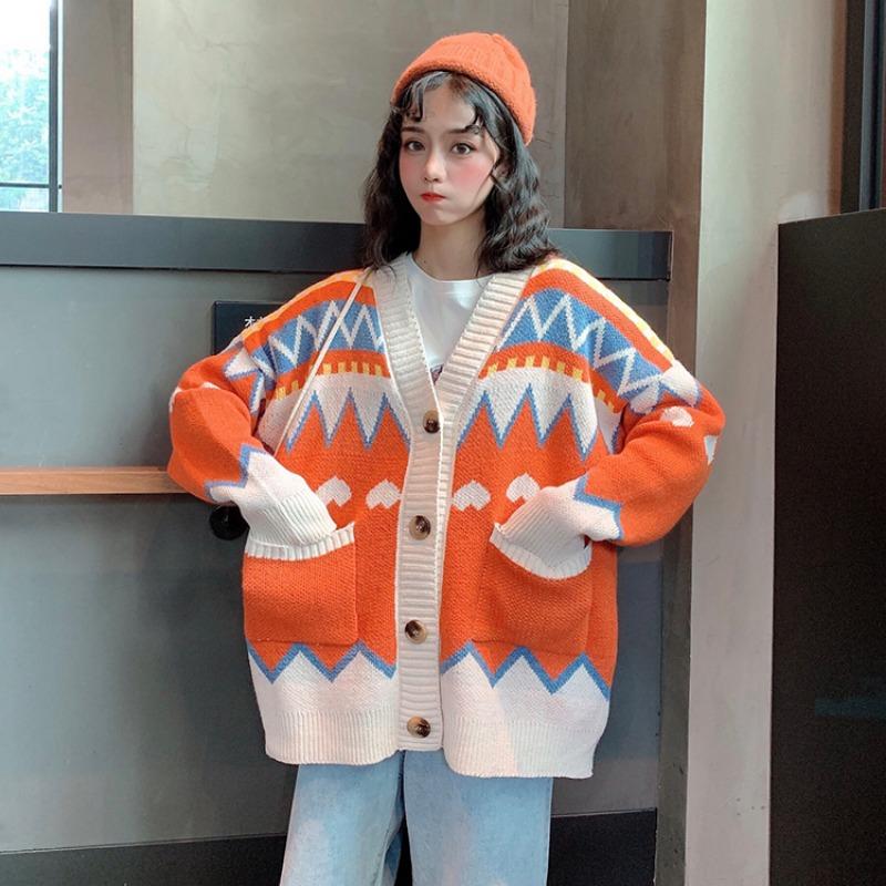 V-neck color lazy style Korean thick loose cardigan, autumn and winter new ladies gentle and cute sweater jacket 6010