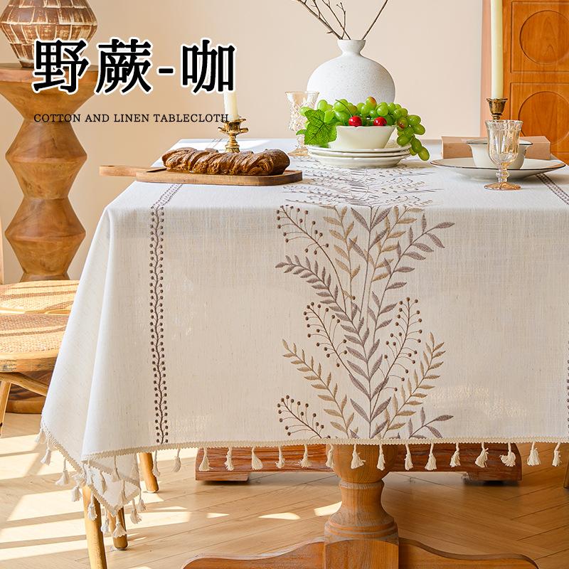 Cotton Linen Table Cloth Heavy Duty Embroidery Tablecloths Farmhouse Tablecloth Soft and Wrinkle Free Table Cover with Tassels