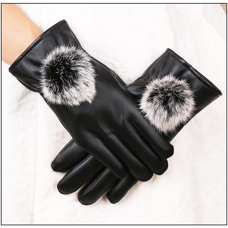 New Autumn and Winter Warm Gloves Plus Velvet Cold Proof Women's PU Leather Gloves Rabbit Hair Ball Play Mobile Phone Touch Screen Gloves