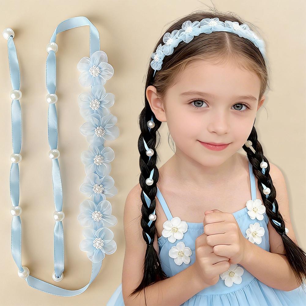 

1Pc Bohemian Style Floral Braided Headband, Organza Long Ribbon Fashion Hair Accessory for Girls синій