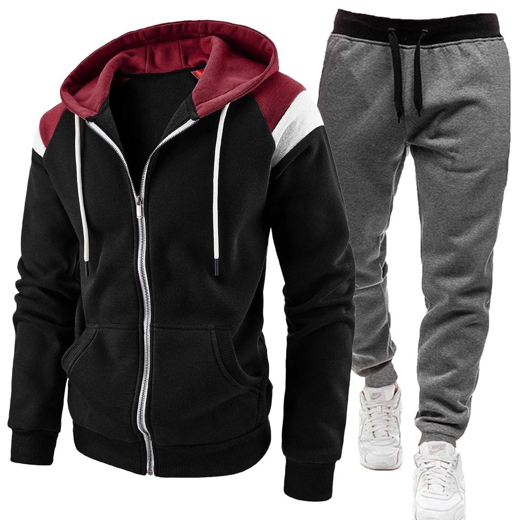 Men's Color Block Hooded Sweatshirt and Casual Sports Set