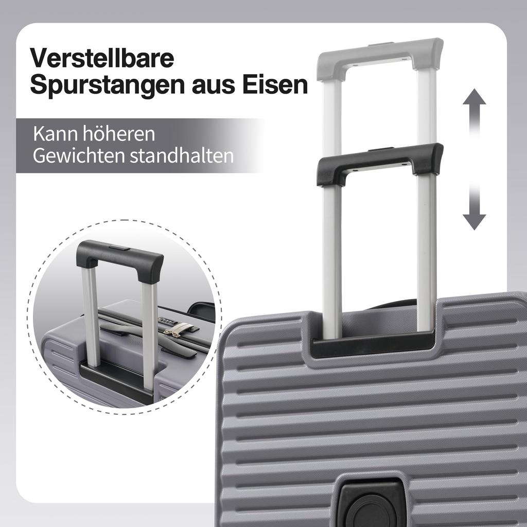 Zestaw walizek 3-częściowy Twarda skorupa, rozszerzalny, Wózek Otwieranie z przodu, Zamek TSA, 4x Kółka 360°, Uchwyt teleskopowy, Składany uchwyt na kubek, Antyczny szary