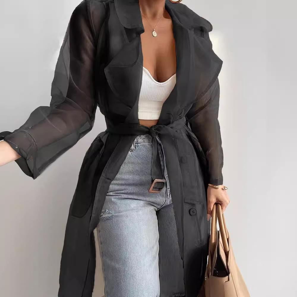 Light Brown Transparent Long Trench Coat with Belt and Double-Breasted Buttons