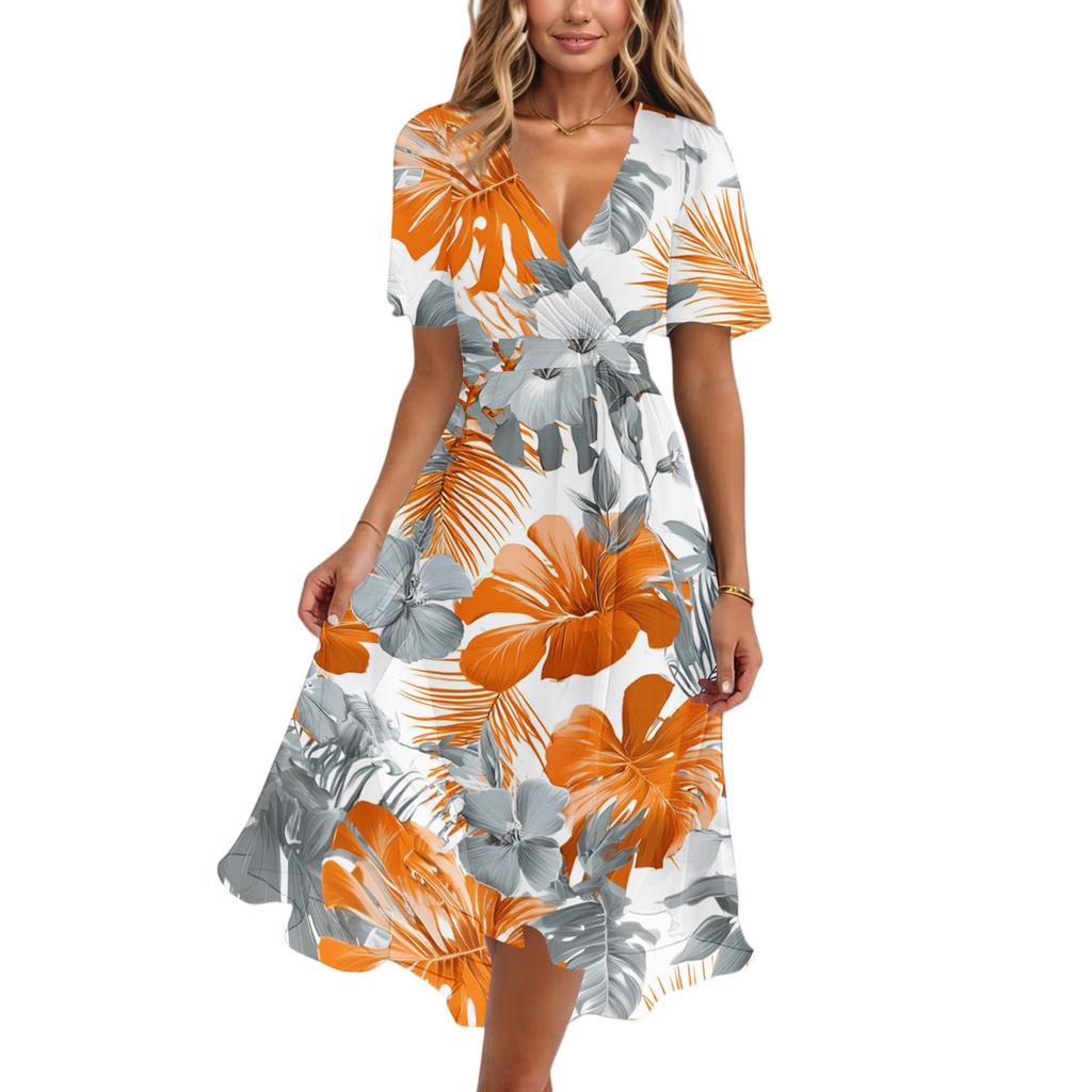 Women's Fashion Casual V Neck Short Sleeve Ruffled Vintage Printed Dresses