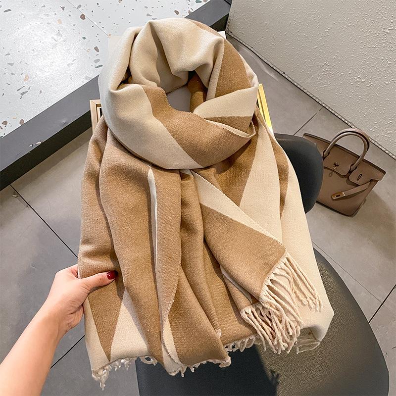 Autumn and Winter New Korean Style Versatile Geometric Rhombus Imitation Cashmere Jacquard Scarf for Women Thickened Tassel Shawl Scarf