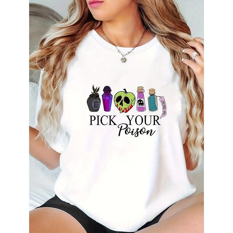 

Европейский размер Хэллоуинская графическая футболка Pick Your Poison для женщин - Повседневная футболка с круглым вырезом и коротким рукавом из полиэстера и S белый