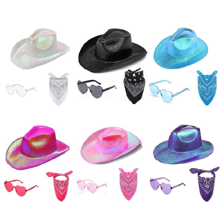 3pcs Adult Cowboy Hat+Heart Sunglasses+Kerchief Woman Sunproof Cowgirl Hat Set