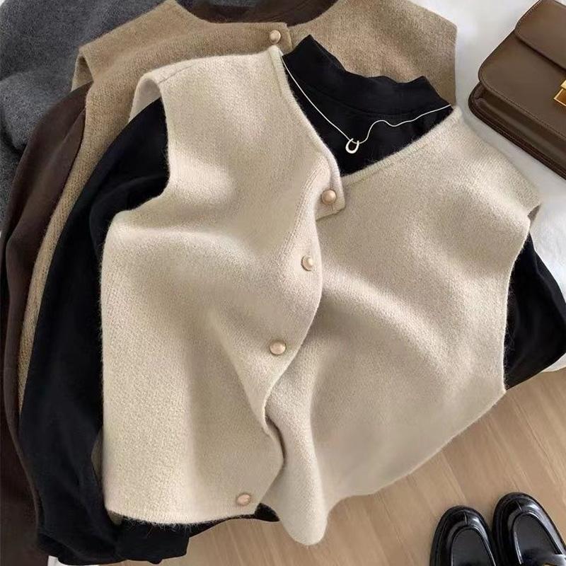 Fashion Single Breasted O Neck Knitted Women Sweater Vest Korean Casual Solid Sleeveless Women Cardigan Vest Casual Autumn Winter Knit Waistcoat 30990
