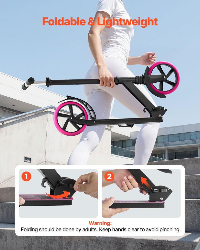 Kick Scooter for Kids Ages 8+, Teens & Adults, 2-Wheel Toddler Scooter with Adjustable Height Handlebar, Wide Anti-Slip Deck, Foldable Lightweight