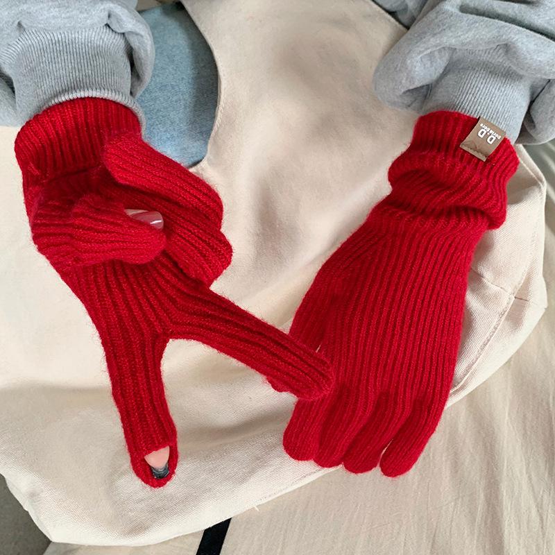 Extended Solid Color Versatile Knitted Gloves Female Student Finger Warm Gloves Male