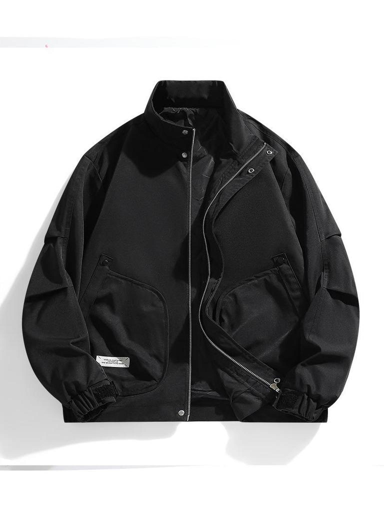 2025 Men's Stand-Collar Solid Color Jacket: Hong Kong Style, Casual Plus Size, Thin Military-Industrial Coat