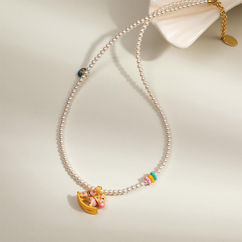 Retro Rocking Horse Pearl Necklace with Colorful Enamel - Luxurious Clavicle Chain