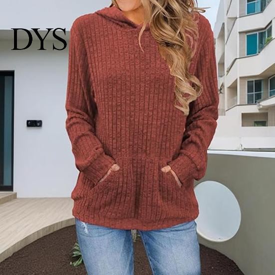 Warm Long-sleeve Sweater Women Knitted Hooded Long Sleeve Loose Fit Ribbed Knitting Pullover Tops with Pockets Casual Solid Color Autumn Knitwear