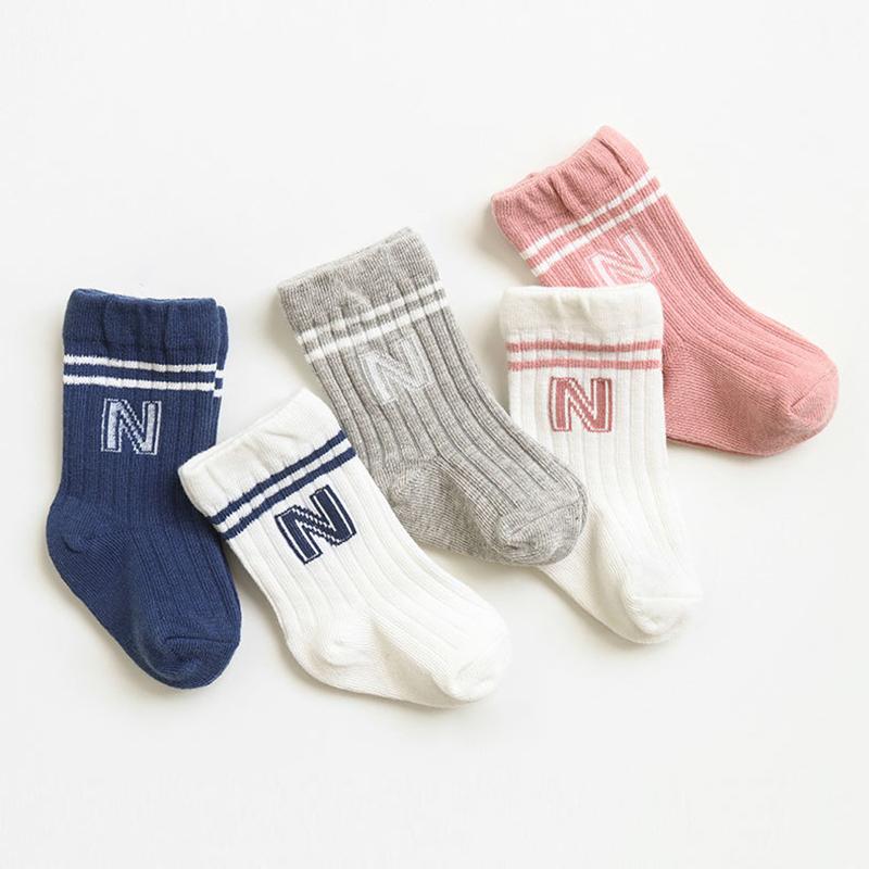 Fashion Stripe Children Knitted Socks N-Letter Baby Mid Tube Sock Solid Color Toddler Cotton Socks Soft Breathable Footwear 0-3Y