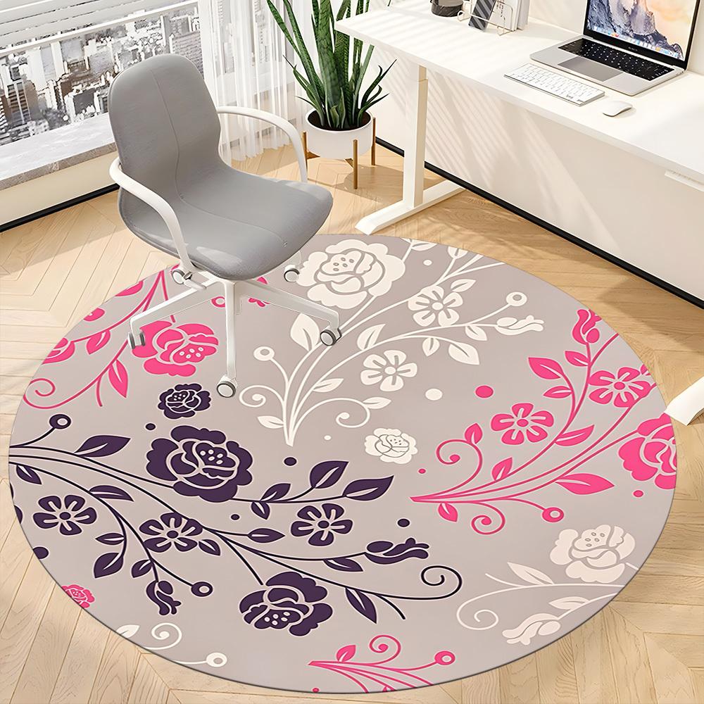 1pc Floral Pattern Chair Carpet for Office, Round Polyester Mat, Indoor Decor for Office, Washable Non-slip Carpet yy251219086