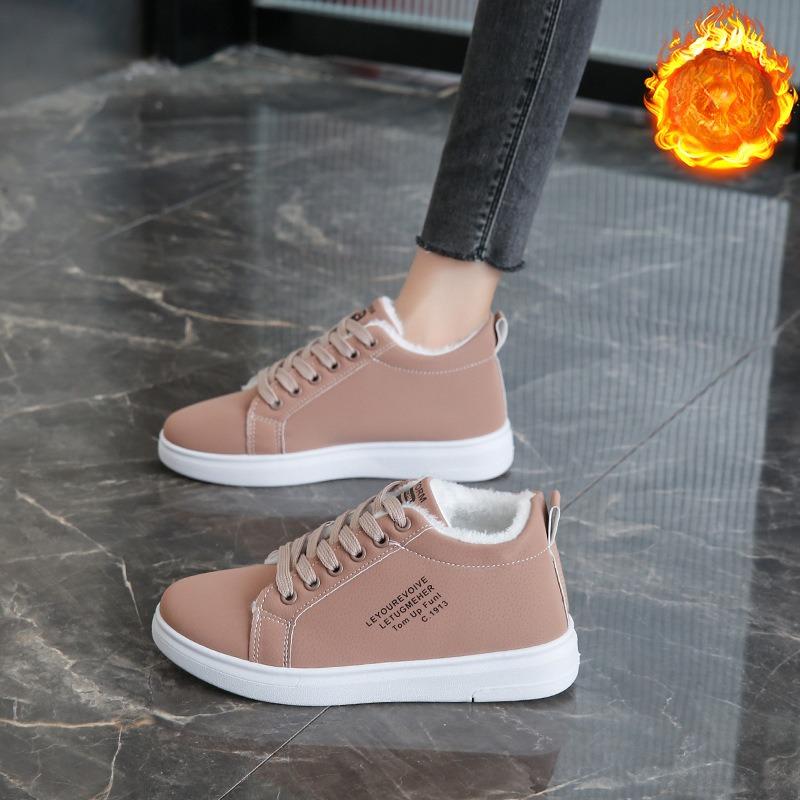 Cotton Shoes Women's 2025 Winter Plush Warm Snow Boots Black Pu Leather Ankle Boots Flat bottom Lace Up Sneakers Fur Short Boots