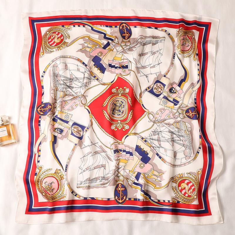 Xiaoxiangfeng Imitation Silk Scarf Women's Sailboat Pattern Versatile Decorative 70x70 Square Tied Headband