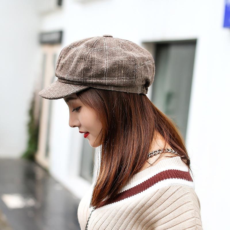 Plaid Beret Ladies Autumn and Winter Versatile Soft Girl Bud Hat Vintage British Octagonal Hat
