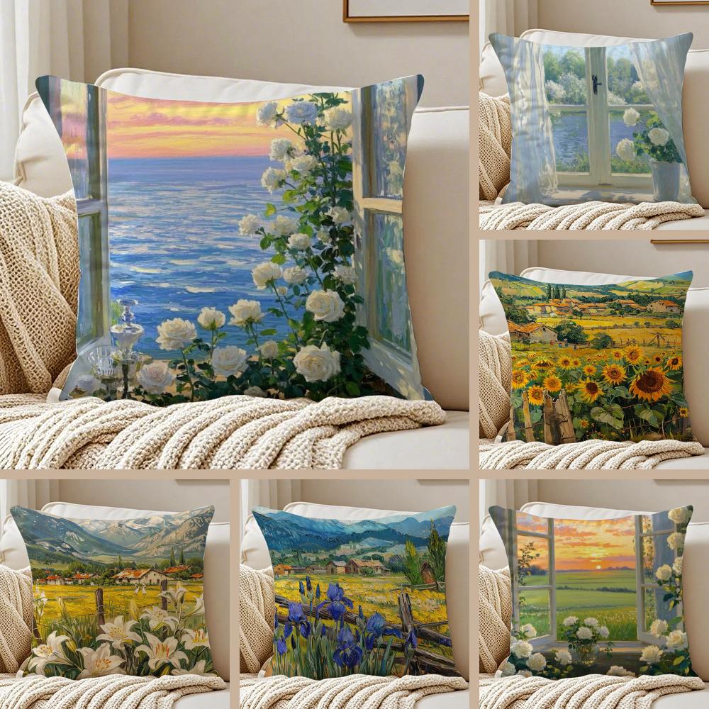 Classical Handpainted Iandscape Oil Painting Cushion Cover Pillowcase Antidustmite Living Room Sofa Decor Cushion Room