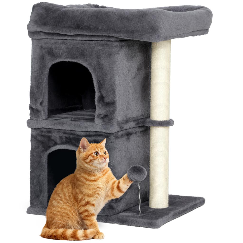 66 Cm Small Cat Tree for Large Cats, Cat Tower W/ Large Top Perch, 2 Condos, Sisal Scratching Post, Toy Ball, Dark Grey