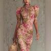 YYFS Women's Fashion Summer Spring Flower Pattern Print Short Sleeve High Neck High Waist Casual Dresses